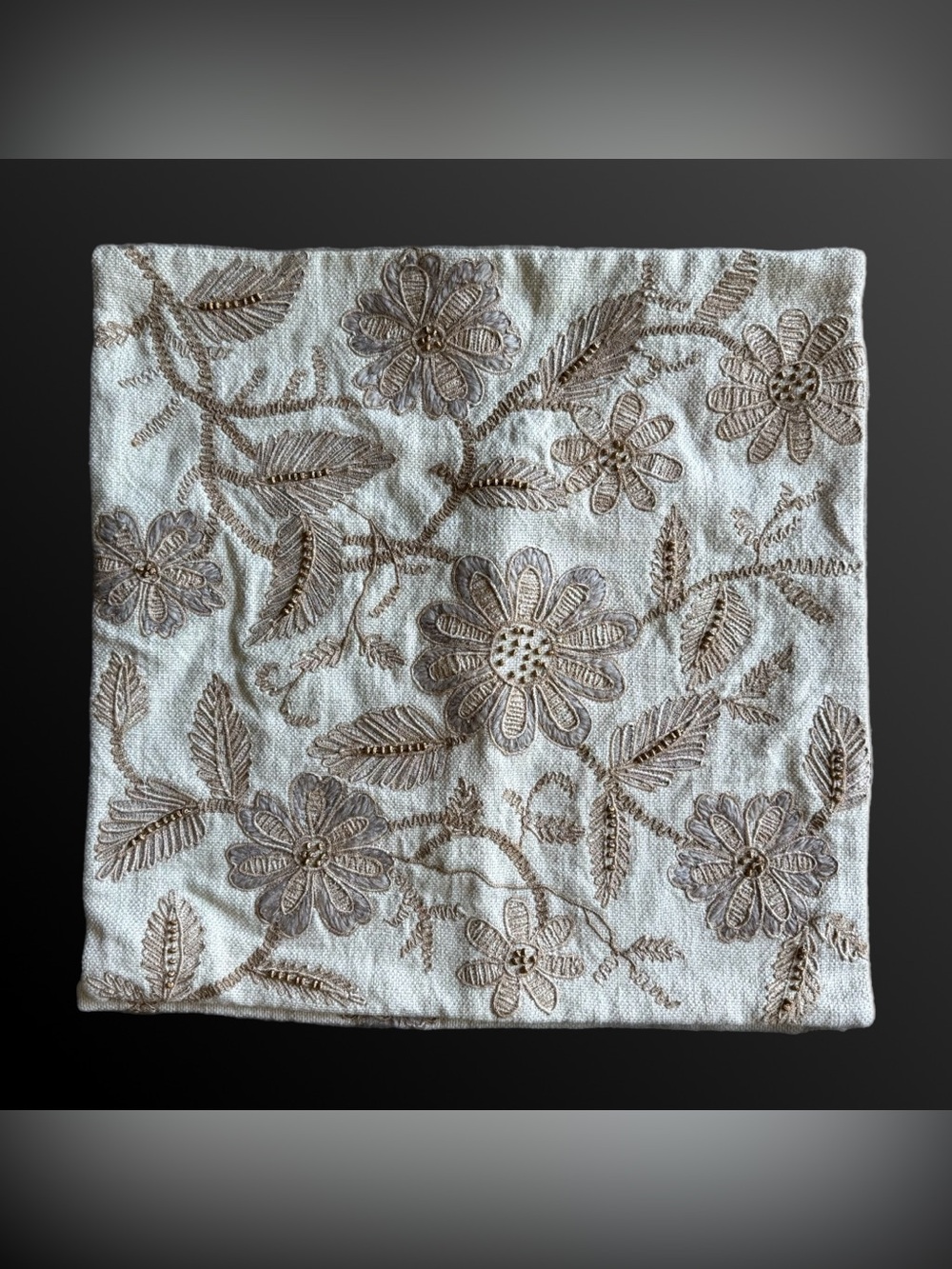 Pottery Barn Tan Linen Blend Embroidered Floral Beaded 20x20 Pillow Covers Set 2